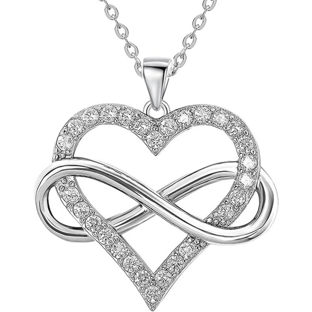 Infinity Heart, Love Heart Pendant with Cubic Zirconia and Infinity Necklace